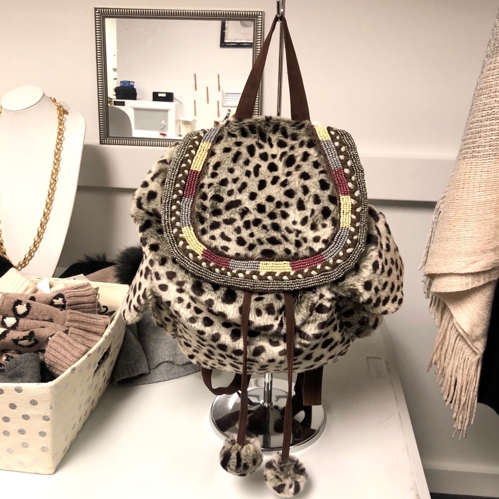 Fuzzy Animal Print Beaded Backpack